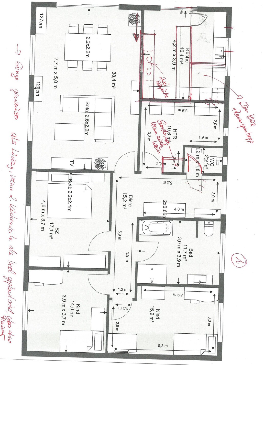 Grundriss eines Hauses mit Küche, Wohnzimmer, Diele, Bad, Kinder- und Schlafzimmer.