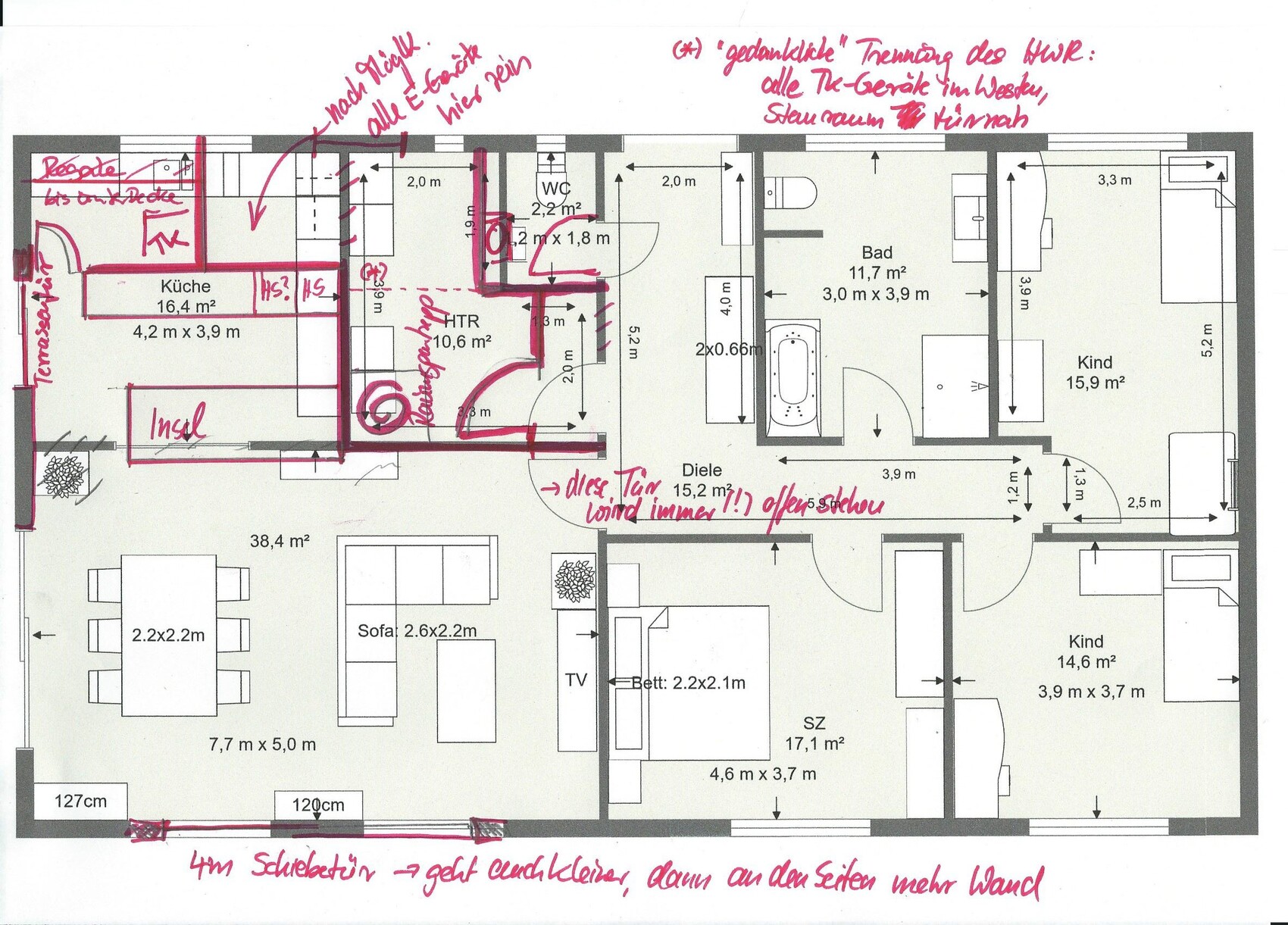 Ground plan of a house with kitchen, living room, bathroom, bedroom, children’s room, and terrace