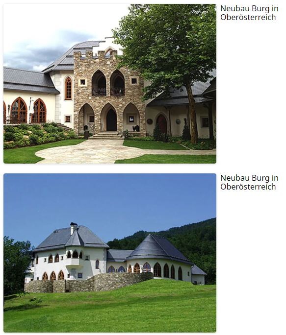 Two newly built castles in Upper Austria: above, a stone castle with arches; below, a castle on a hill.