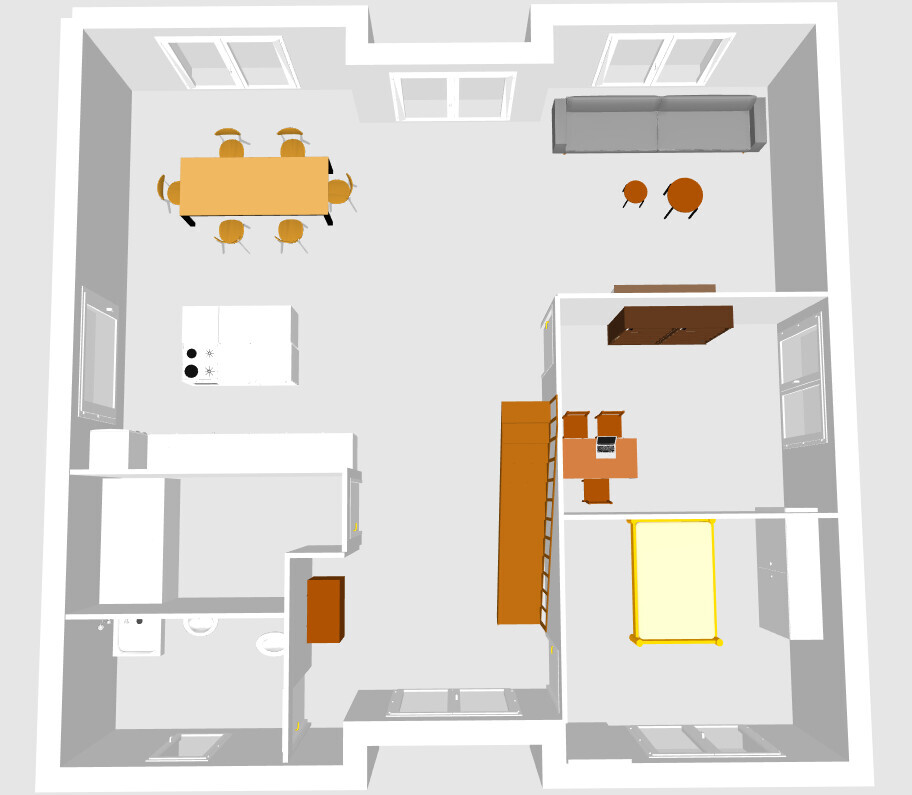 Floor plan of an apartment: open living room with sofa, dining table, kitchen island, bedroom, bathroom.