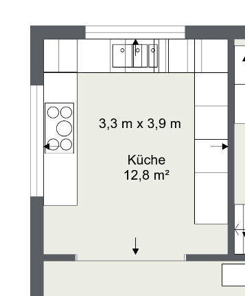 2D kitchen floor plan with cooktop, sink, and workspace