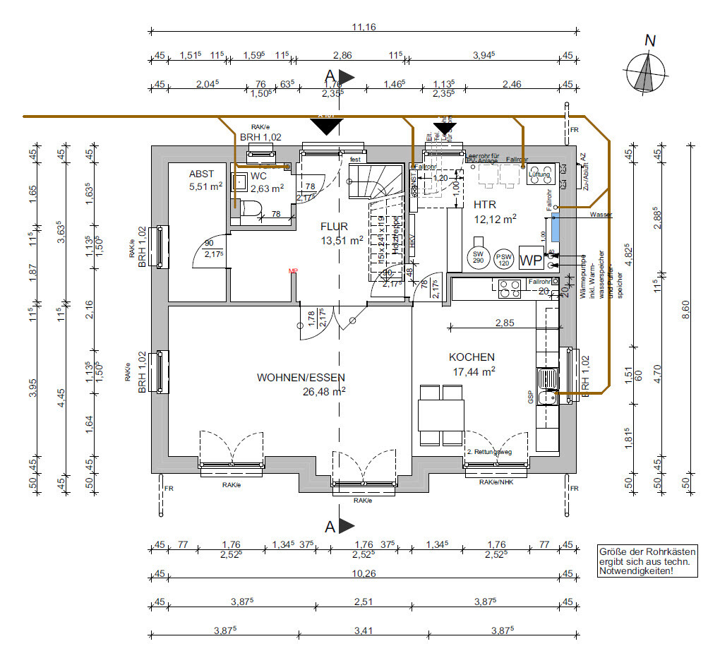 Floor plan of a house with open living and dining area, kitchen, hallway and stairs