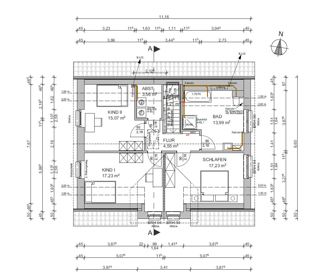 2D upper floor plan with bedroom, children’s rooms, bathroom, hallway and stairs