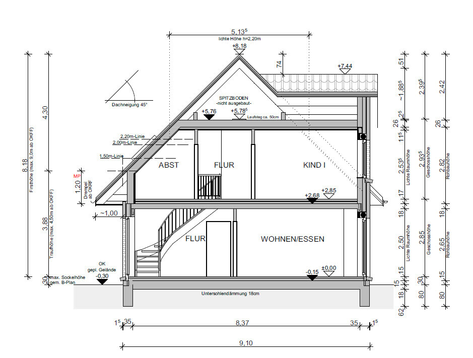 Section through multi-story residential building with living room, hallway, and roof structure