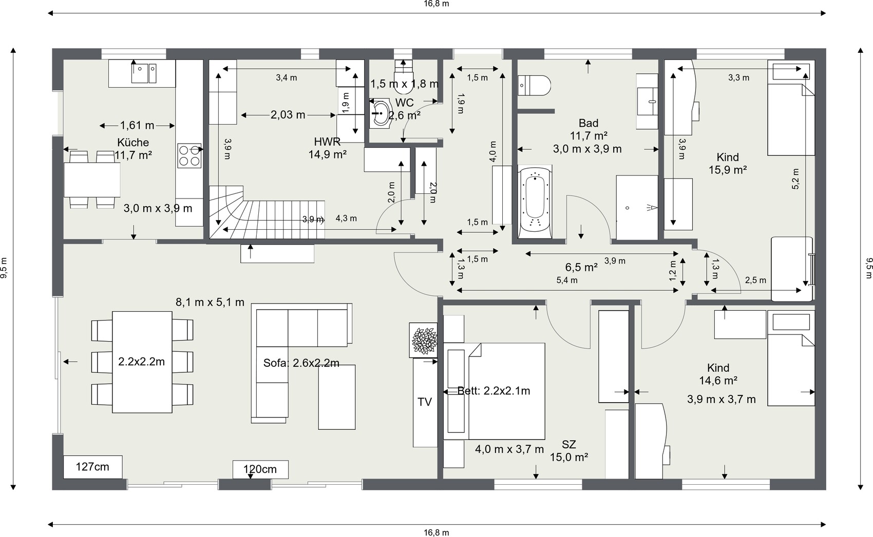 Floor plan of a house: kitchen, utility room, WC, bathroom, two children’s rooms, bedroom, and living/dining area.