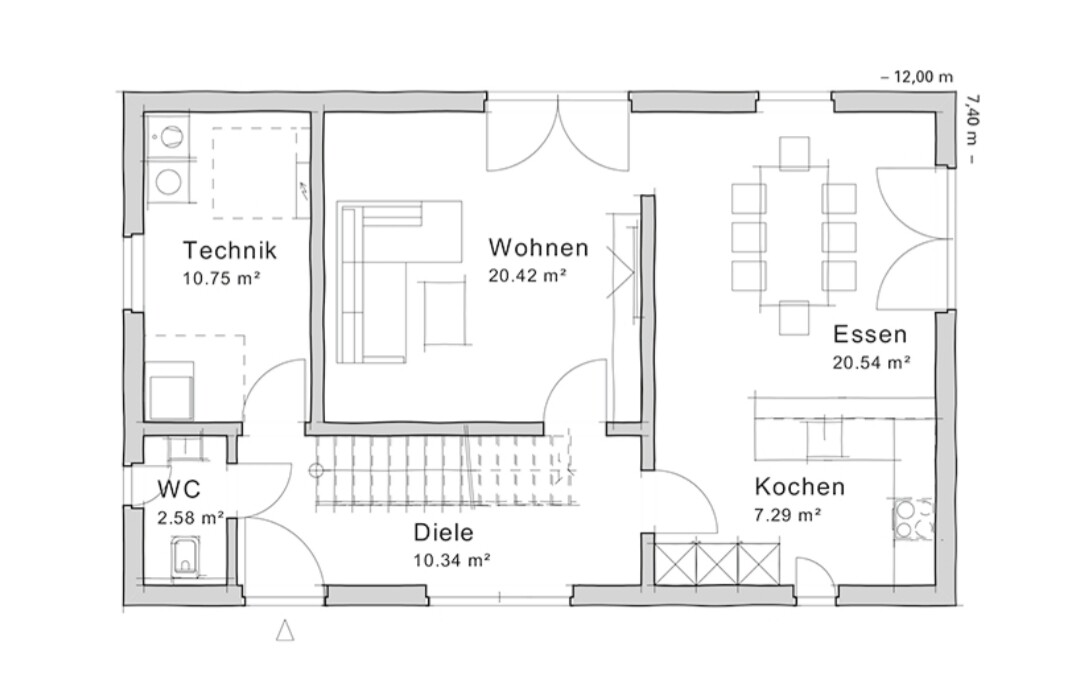 Floor plan of a house with living room, kitchen, dining area, hallway, utility room, and restroom.