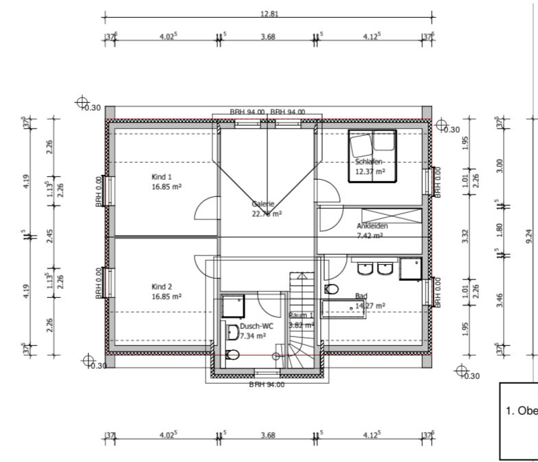 Grundriss Obergeschoss: Galerie, zwei Kinderzimmer, Schlafraum mit Ankleide, Bad und Dusch-WC.