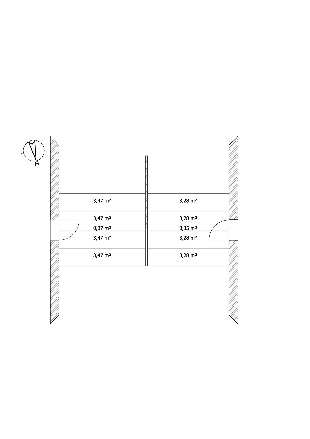 Grundriss eines Gebäudeteils mit zwei Flügeln: Räume mit Flächenangaben 3,47 m² bzw. 3,28 m², Nord.
