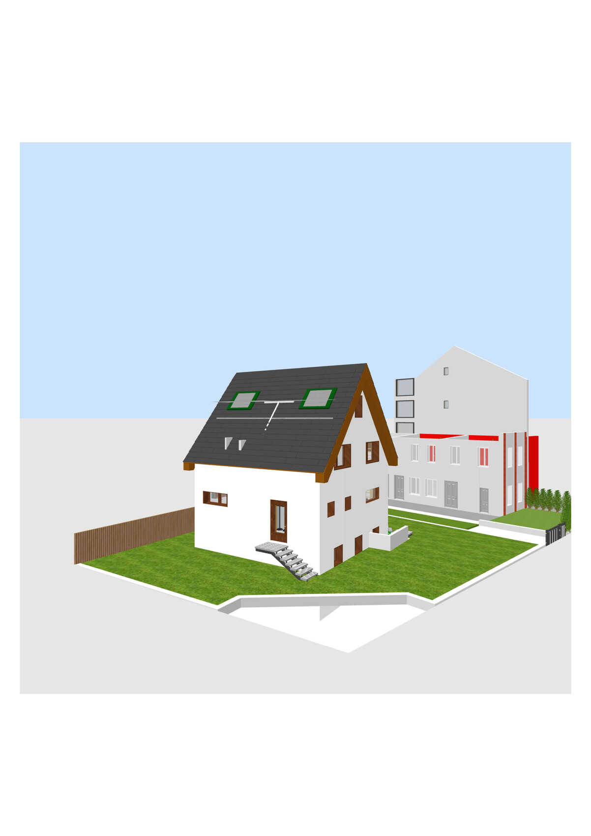 3D-Haus mit grünem Garten, Treppenaufgang zur Eingangstür; Hintergrund ein Mehrgeschoss-Neubau.