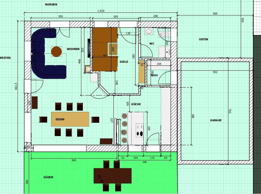Grundriss eines Hauses: Wohnzimmer, Küche, Essen, Diele, WC, Speis, Garage, Terrasse