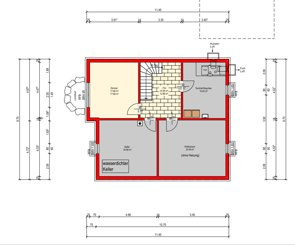 Basement floor plan with rooms for hobby, technical/laundry, and hallway; exterior walls marked red
