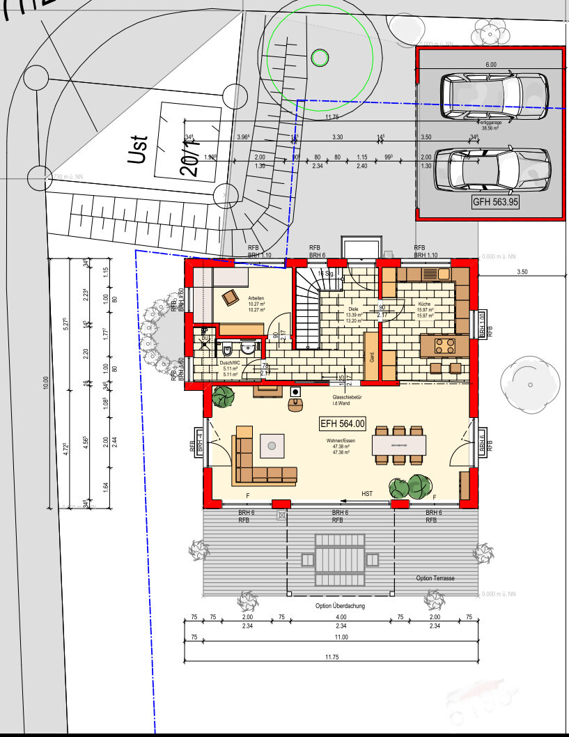 Ground floor plan of a single-family house with living room, kitchen, terrace, garden, driveway, garage