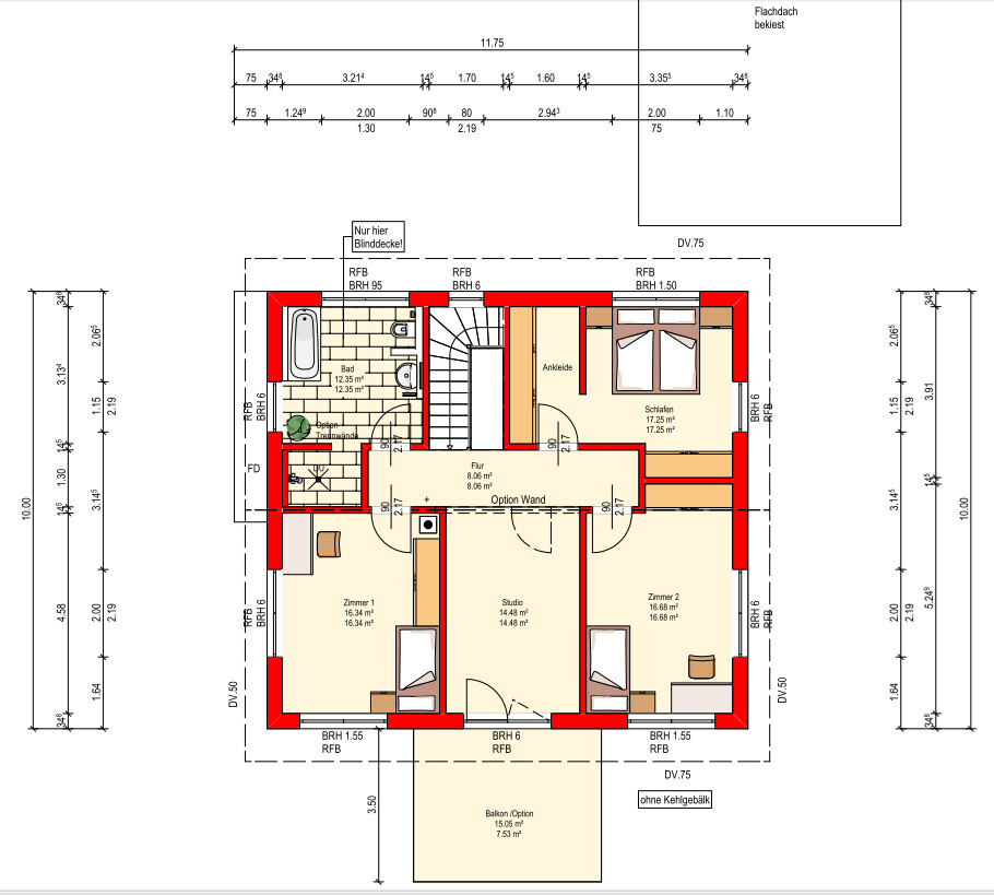 Upper floor plan showing bedroom, bathroom, studio, rooms 1–2, hallway, dressing room, balcony