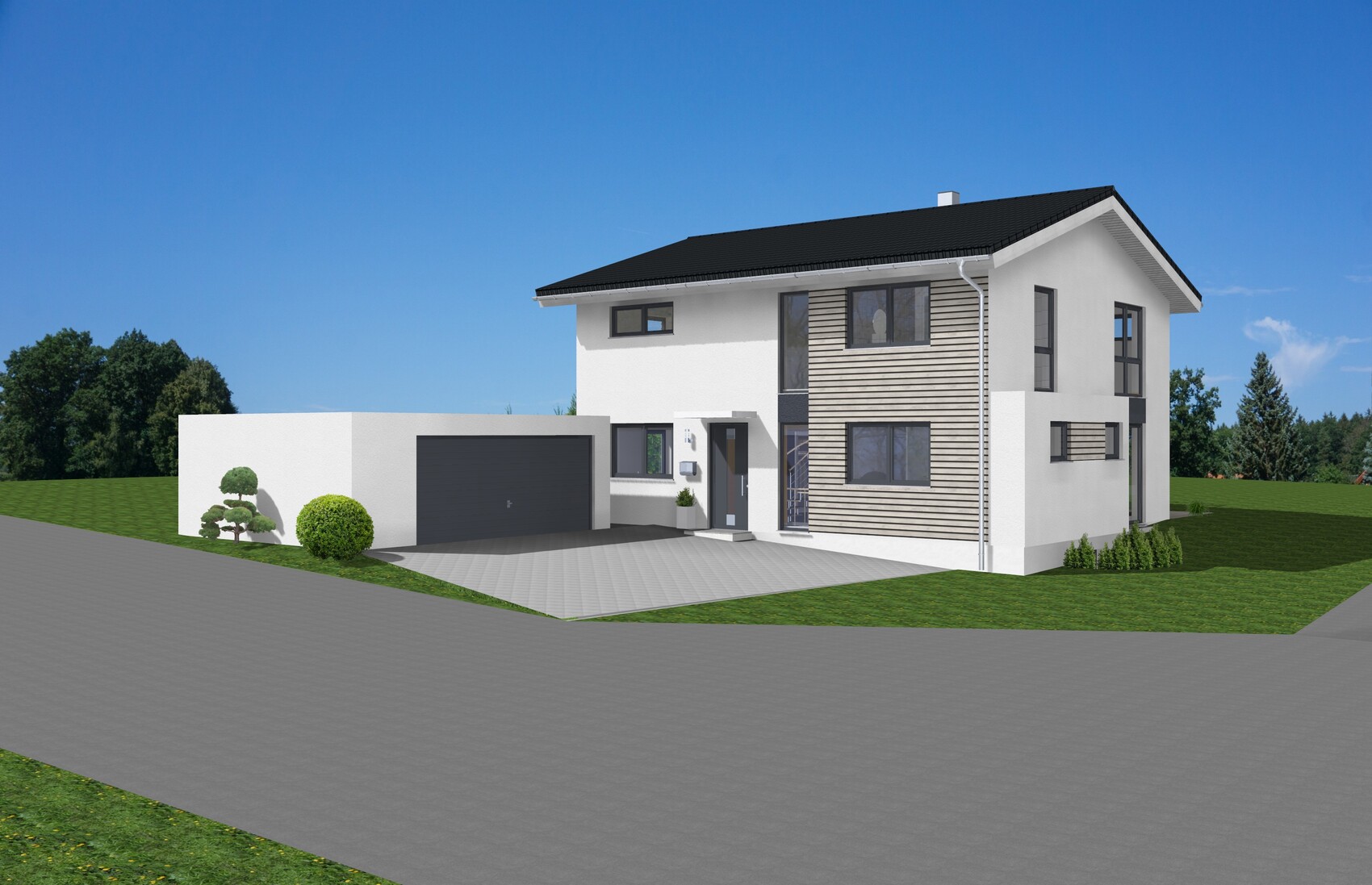 Modern two-story white house front with wood cladding, garage on left, driveway, and garden