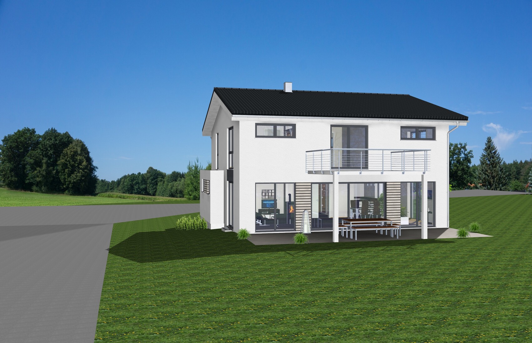 Modern white two-story house with large glass front, balcony, and garden terrace