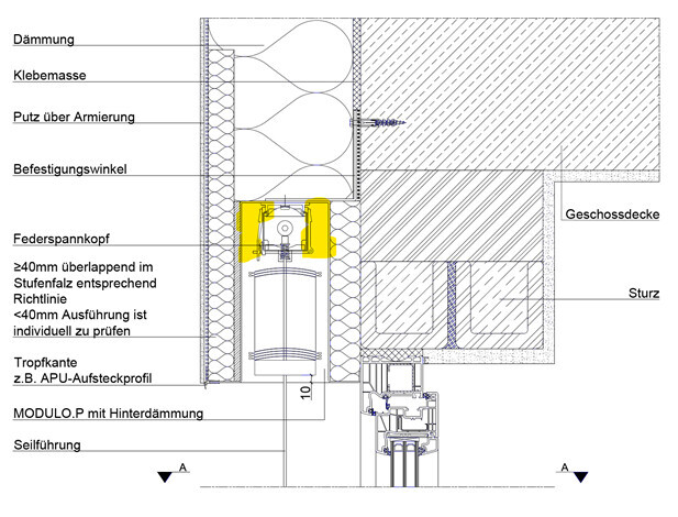 Cross-section of window installation in masonry with insulation, adhesive, and plaster over reinforcement.