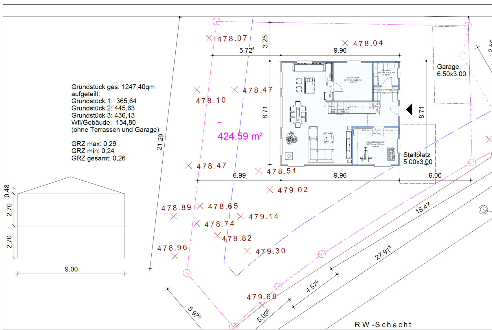 Plot plan: house floor plan, garage, parking space, boundary lines, dimensions.