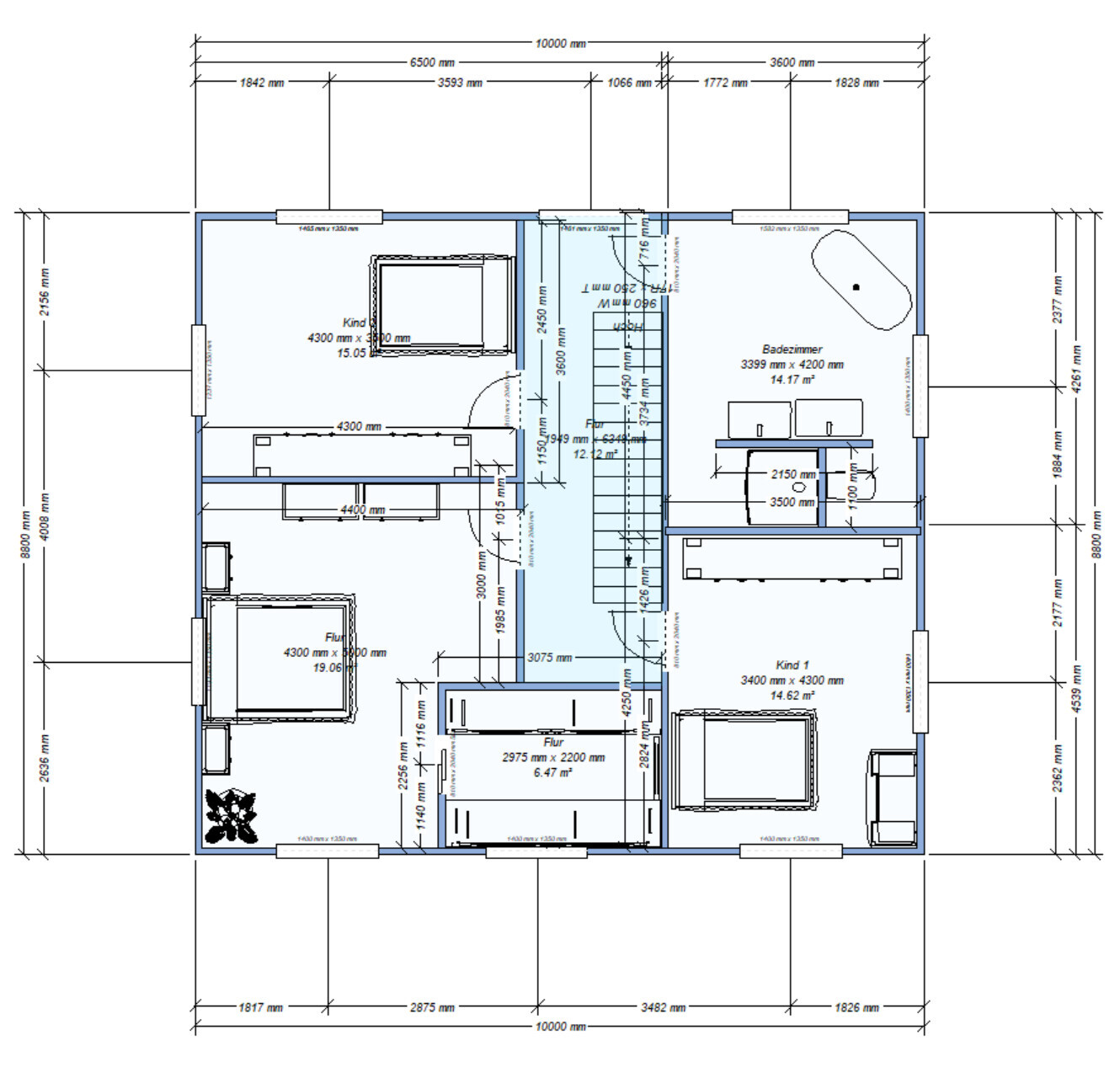 Grundriss eines Hauses: zentrale Treppe, Flur, Kinderzimmer, Badezimmer und weitere Räume.