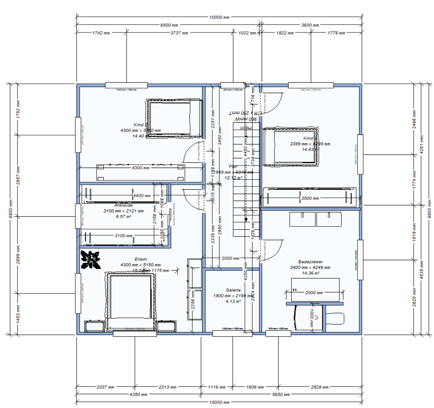 Grundriss eines Hauses: zwei Kinderzimmer, Elternschlafzimmer, Bad, Ankleide, Galerie und Treppe.