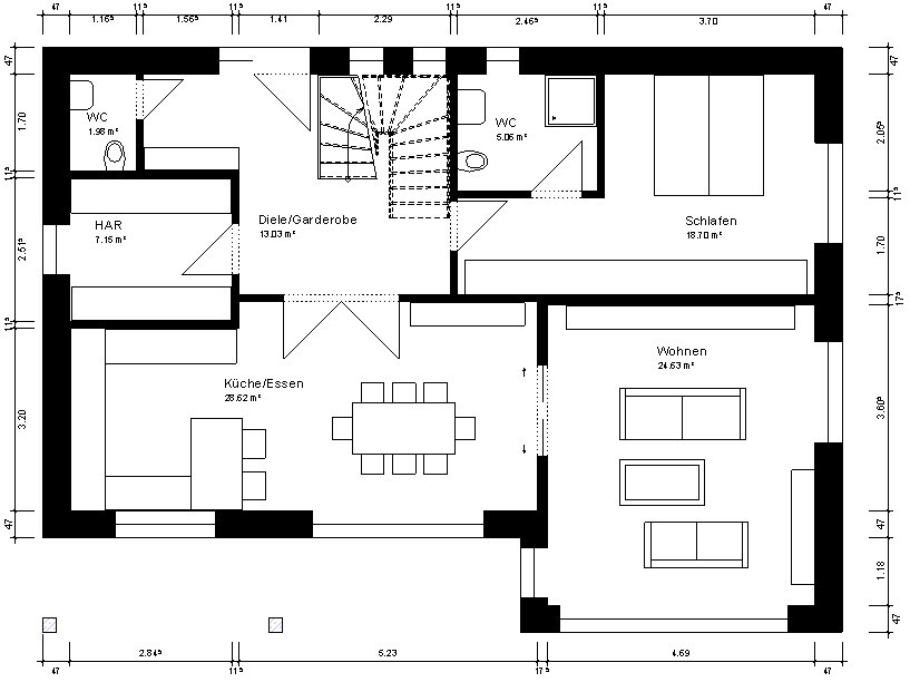 Grundriss einer Wohnung: Küche/Essen, Wohnen, Schlafen, Diele/Garderobe, HAR, zwei WCs.