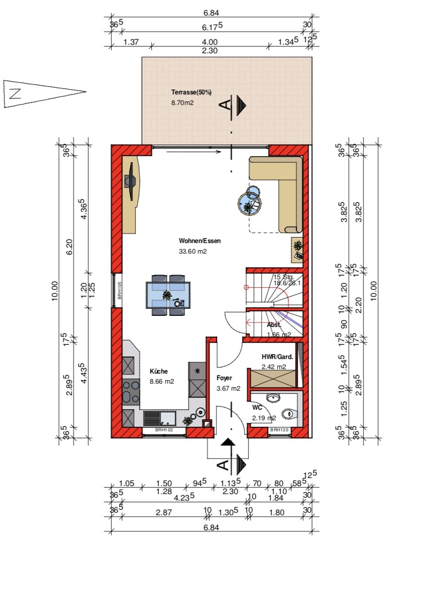 Ground floor layout: terrace, living/dining area, kitchen, foyer, WC, utility room/closet, stairwell.