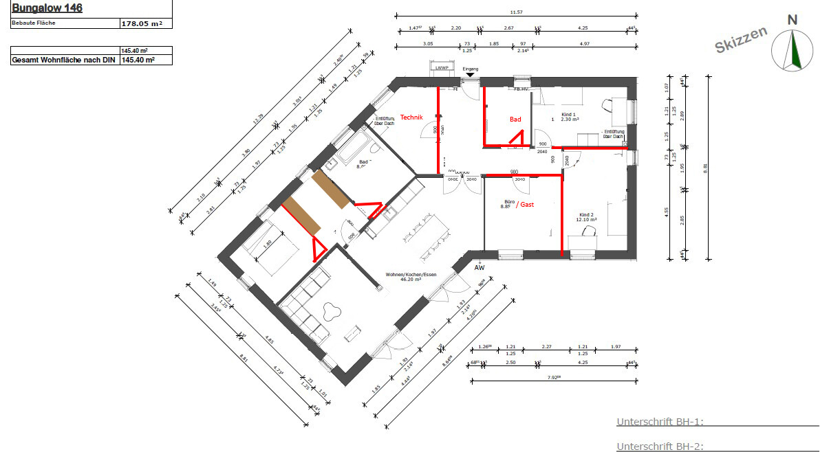 Floor plan of a bungalow with living and kitchen area, bathroom, utility room, guest room, and two children's rooms.