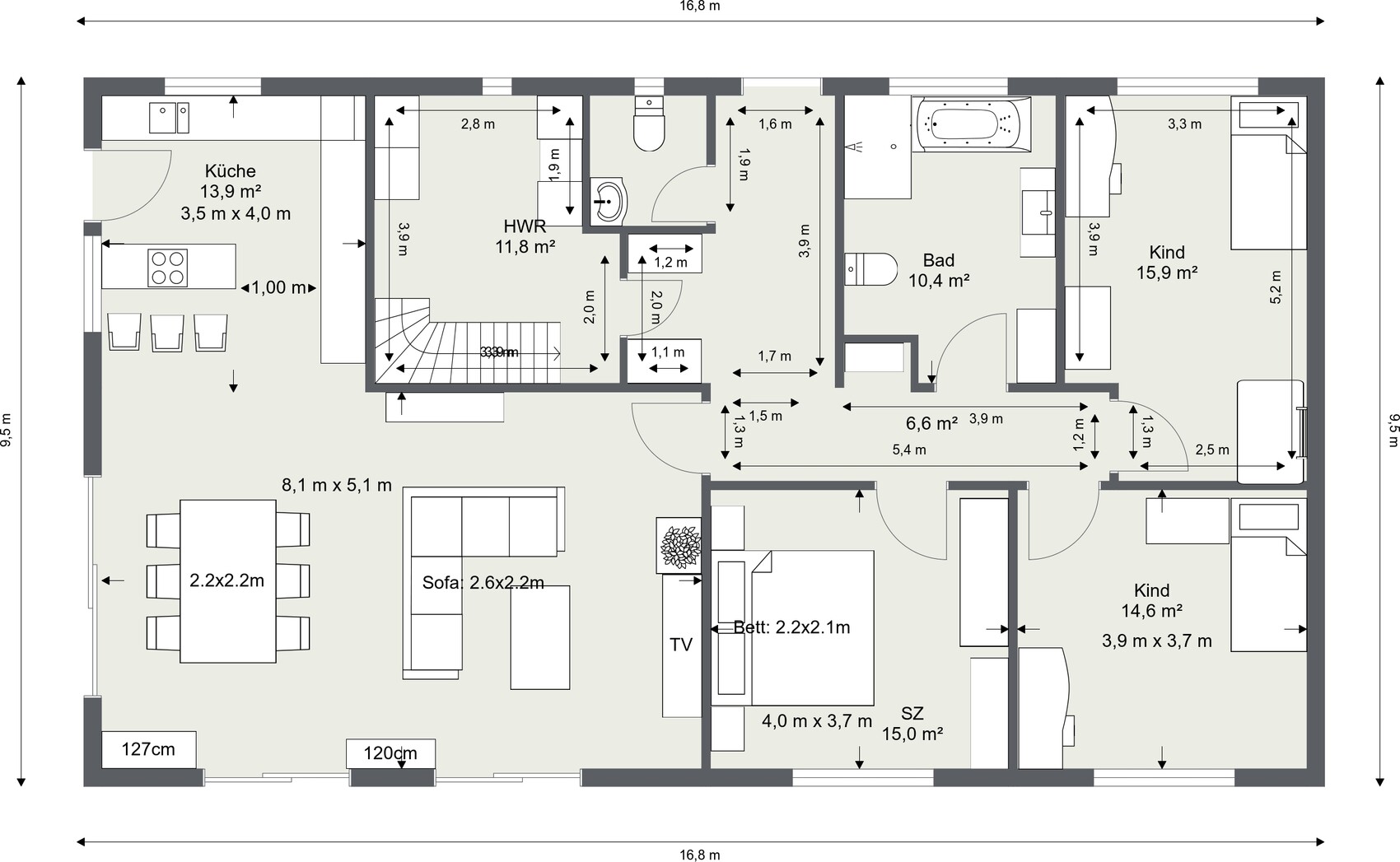 Floor plan of a house with kitchen, utility room, bathroom, two children's rooms, master bedroom, and living room.