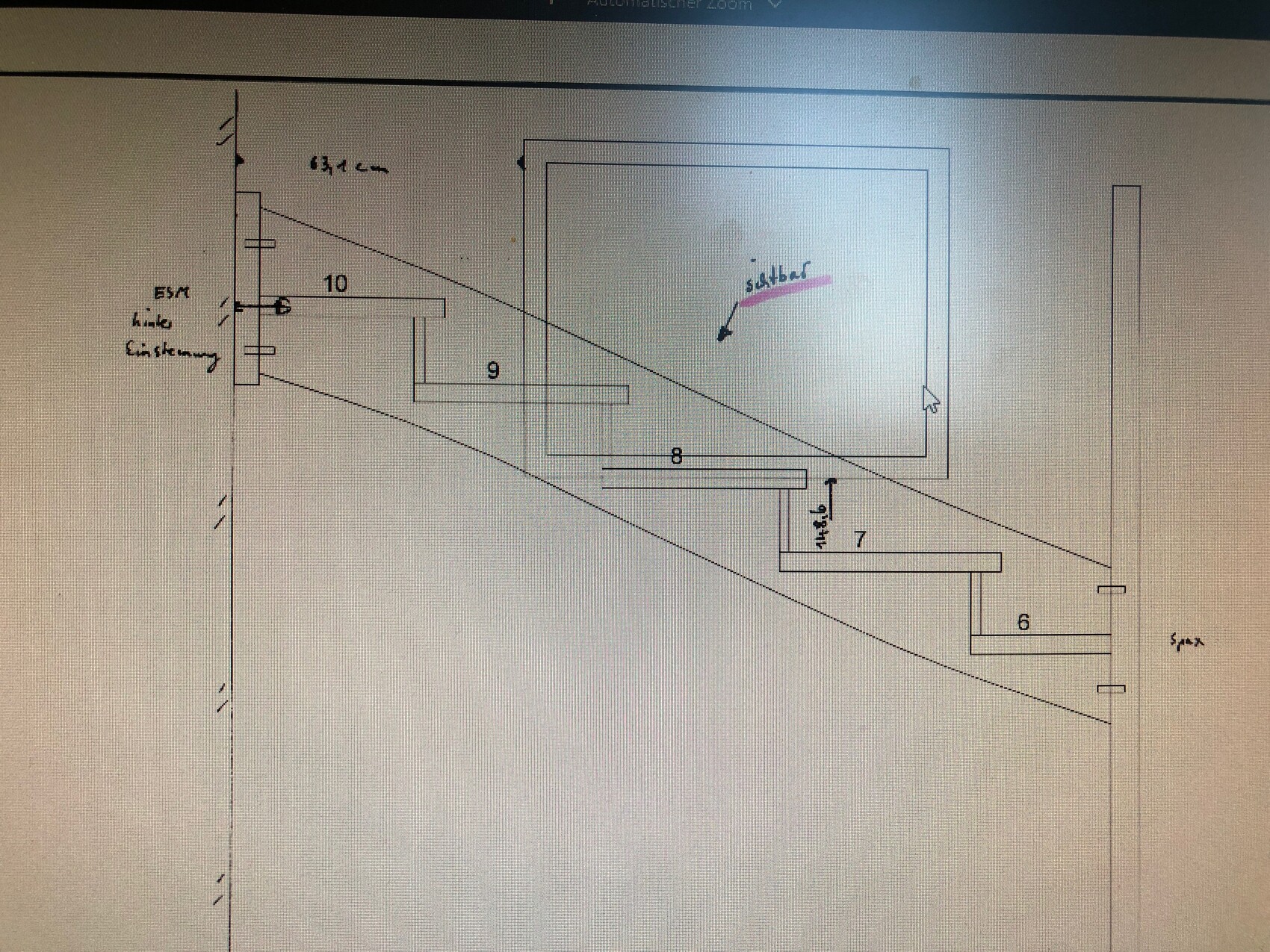 Technical drawing of a staircase on a sloped wall with steps 6–10 and surrounding landing.