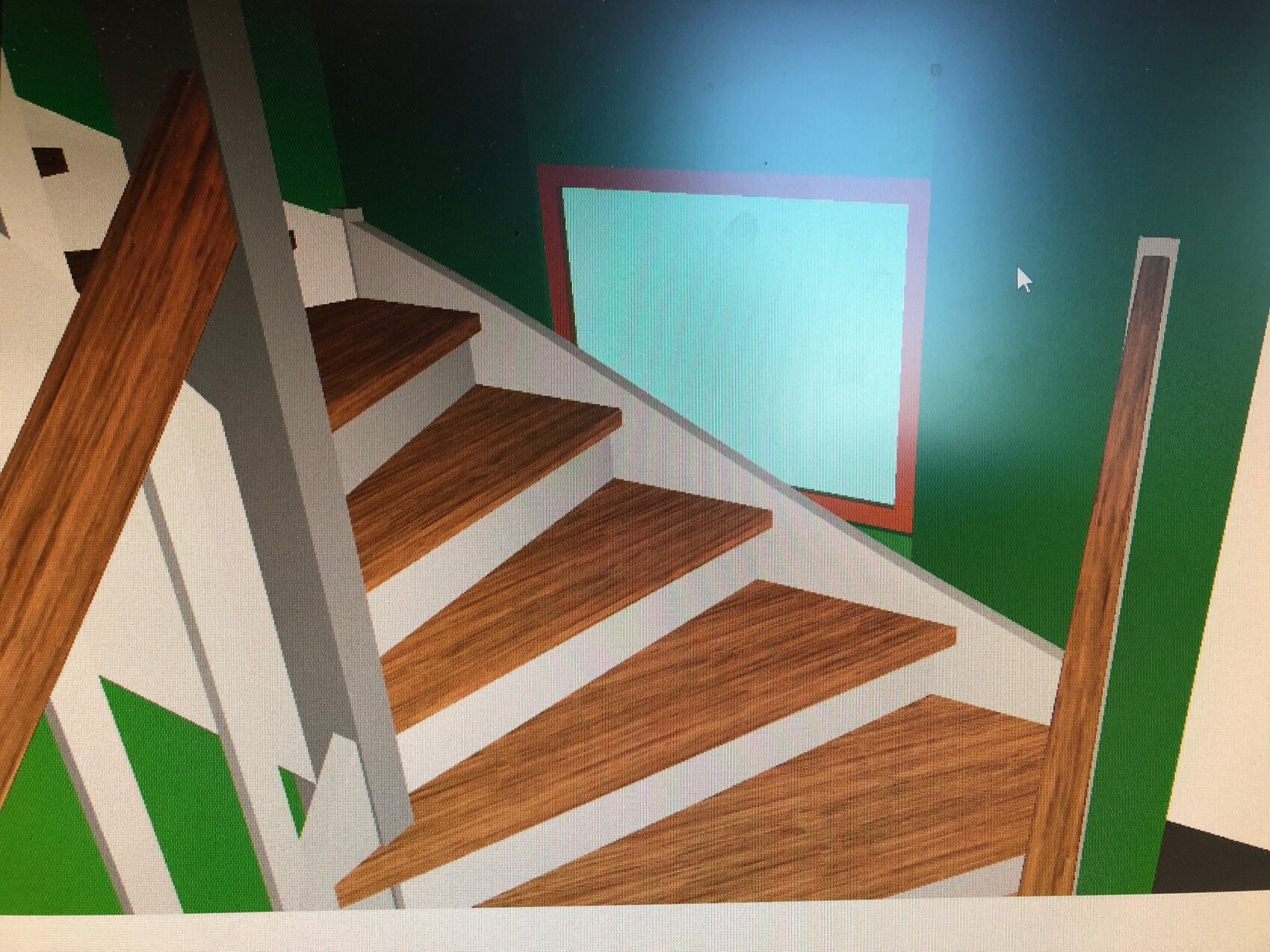 Interior stairway: green walls, brown wooden steps, white railing, red window frame.