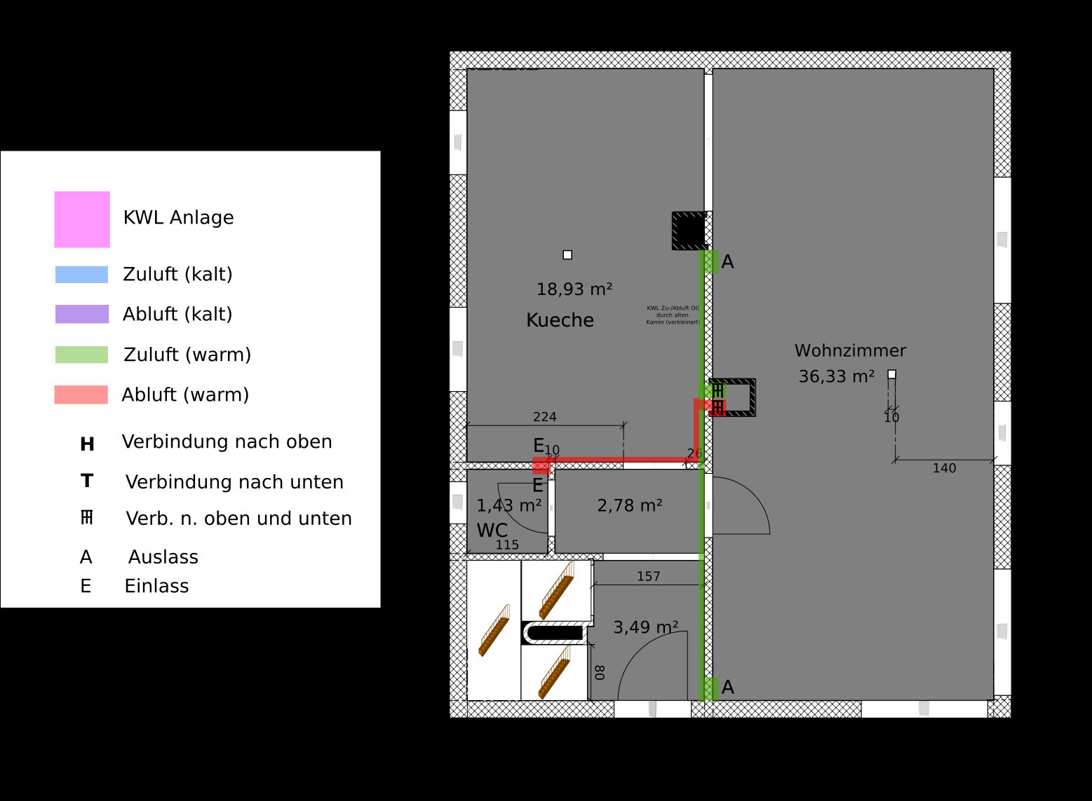 2D Grundrissplan eines Hauses mit Küche und Wohnzimmer, Legende links.