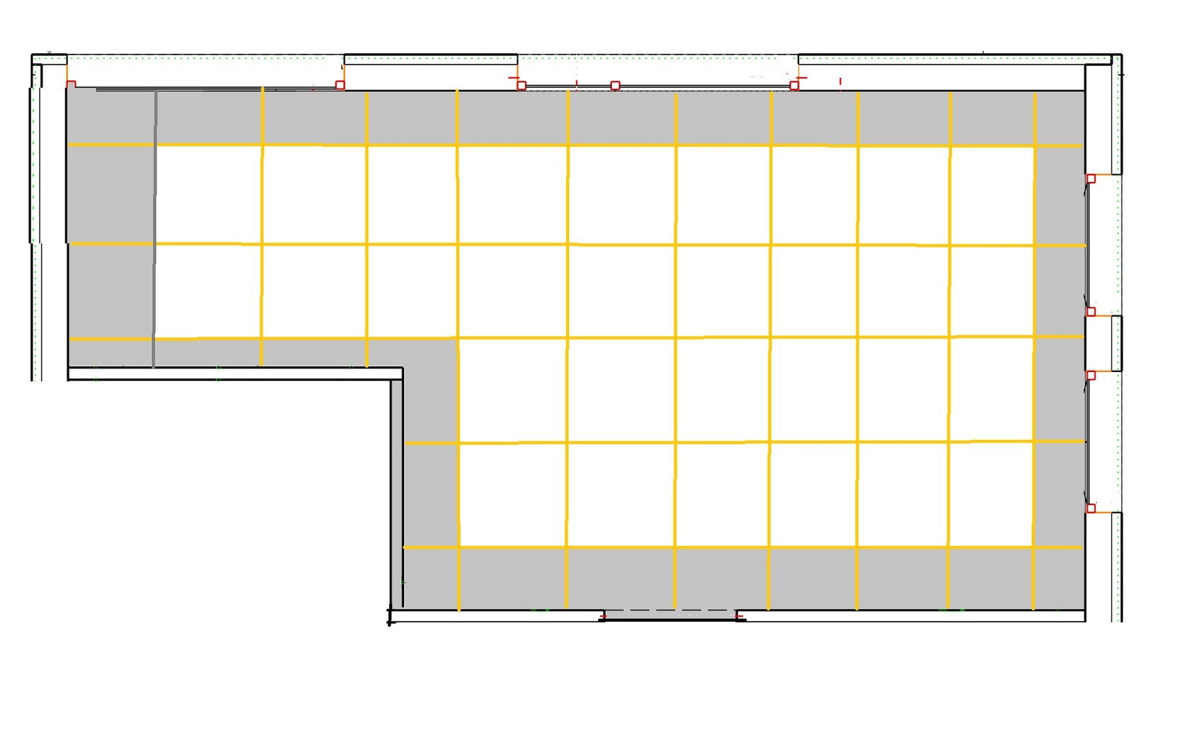 Grundriss eines Raums mit gelbem Raster über weißen Fliesen und grauen Randzonen.