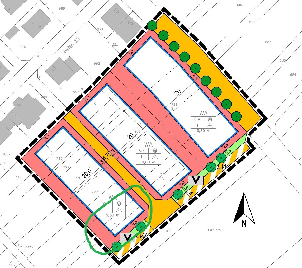 Site plan: two blue building outlines, red access areas, yellow border area, row of trees, north arrow.