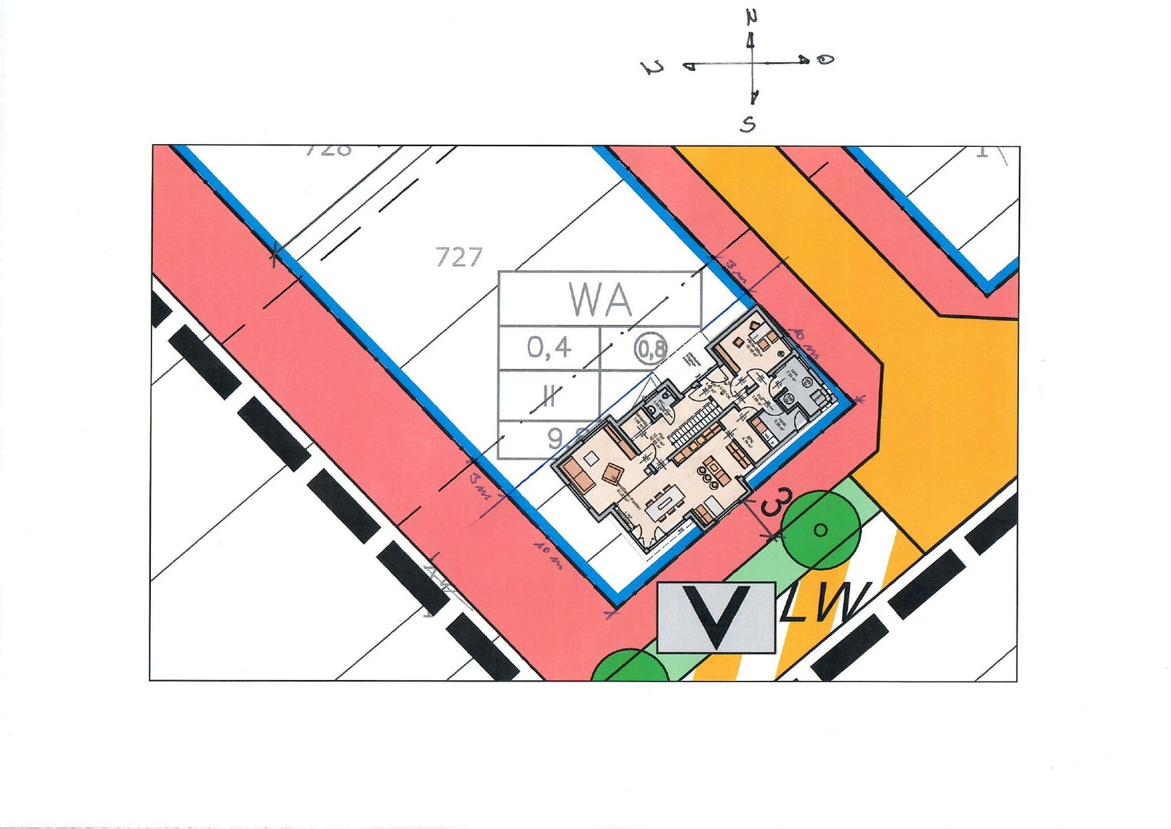 Floor plan and site plan with color zones; inset apartment floor plan in center.