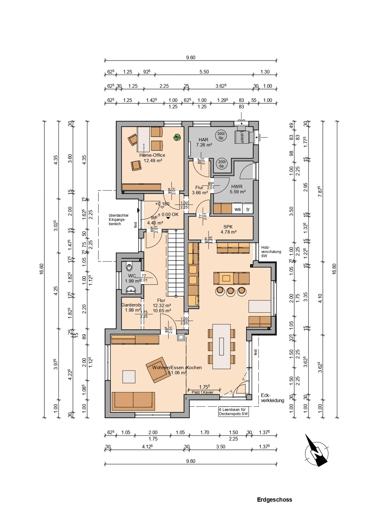 Ground floor plan with living/dining/kitchen, hall and utility rooms of a house.