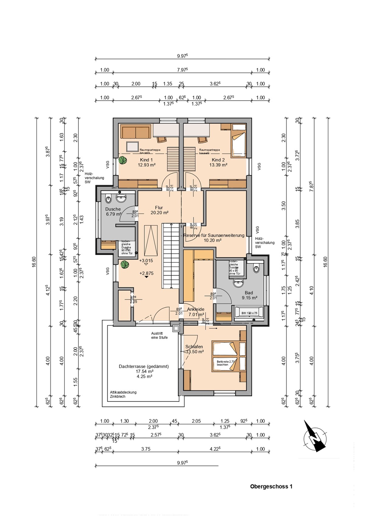 Upper floor plan: sleeping, two children’s rooms, bathroom, shower, hall, walk-in closet, sauna extension.