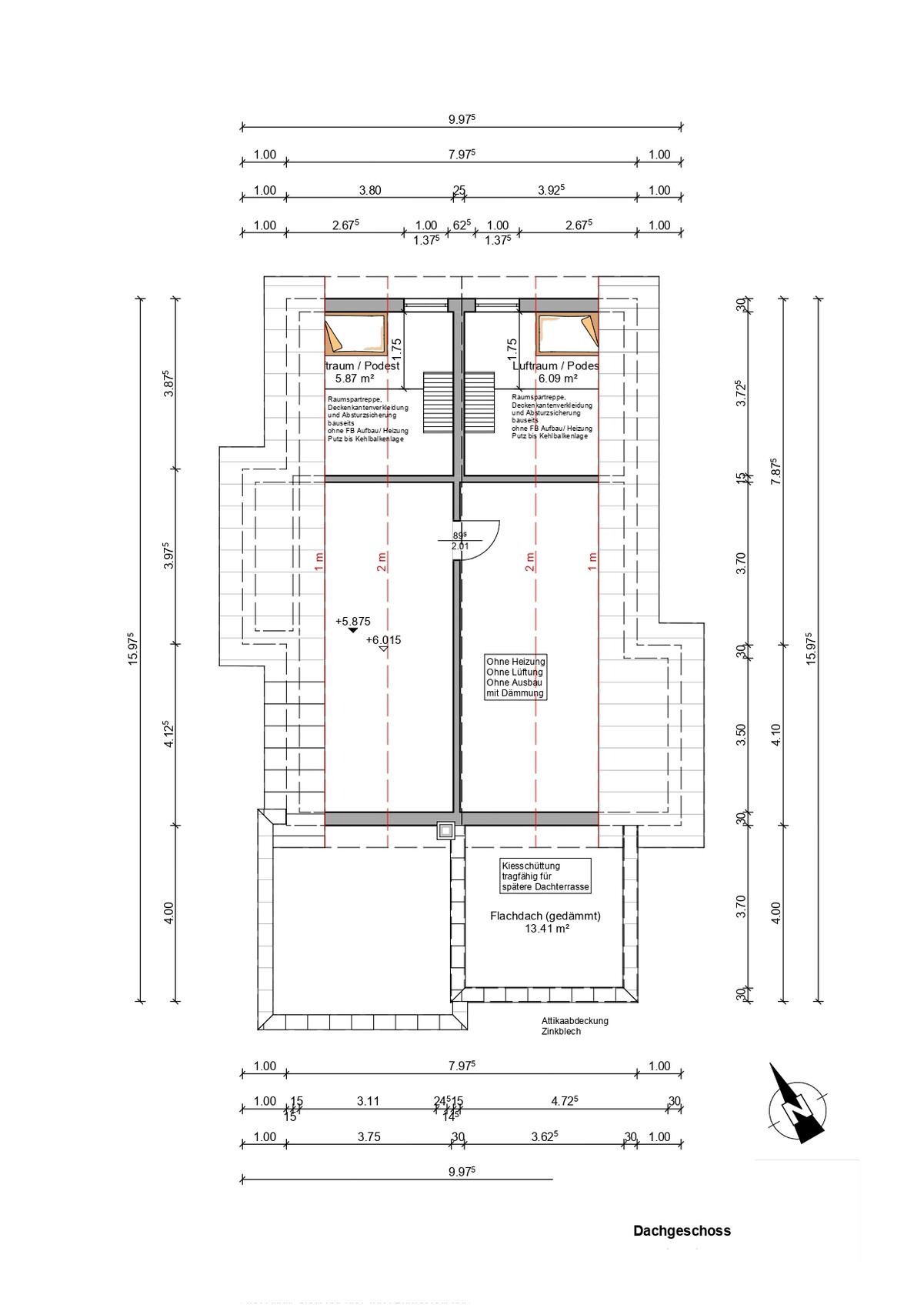 Attic floor plan: two rooms, stairs, flat roof, measurements, entrance doors.