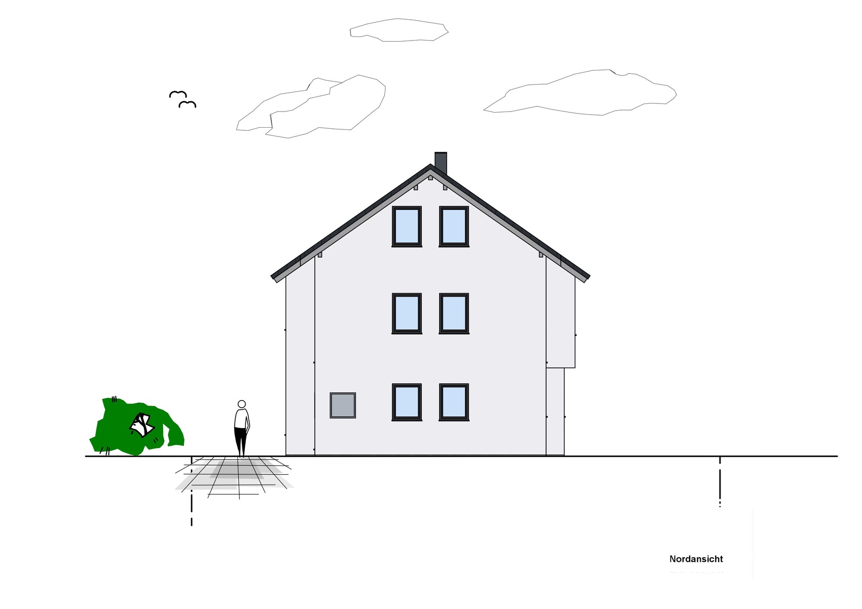 North elevation of a two-story house with gable roof, windows, and person in front.