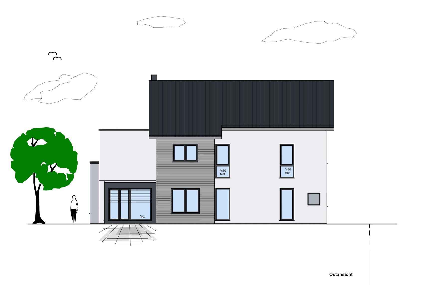 East elevation of a modern house, gray facade, dark roof, tree left, person in front.