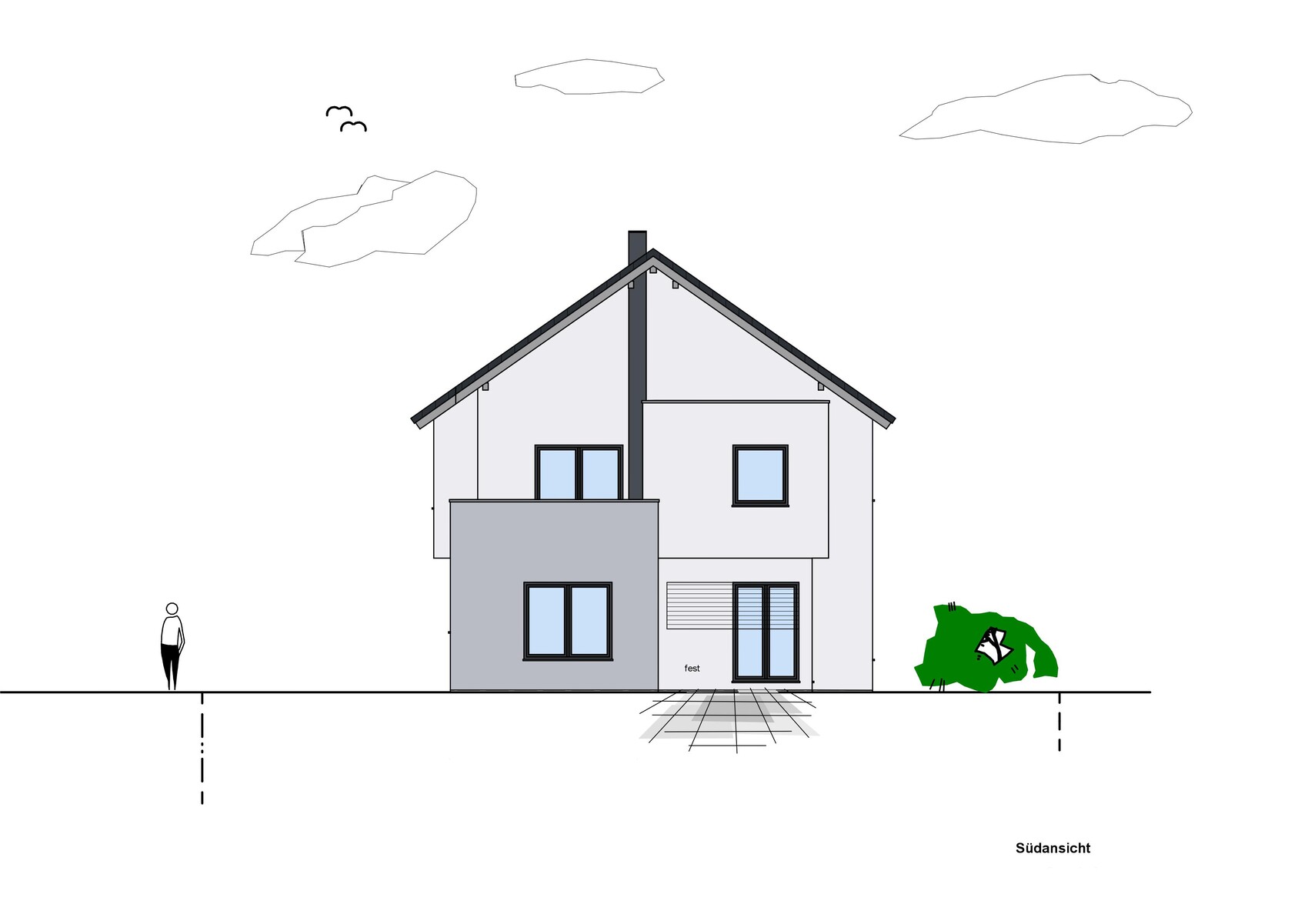 Two-story house with gray front, large windows; person left, bush right; south elevation.