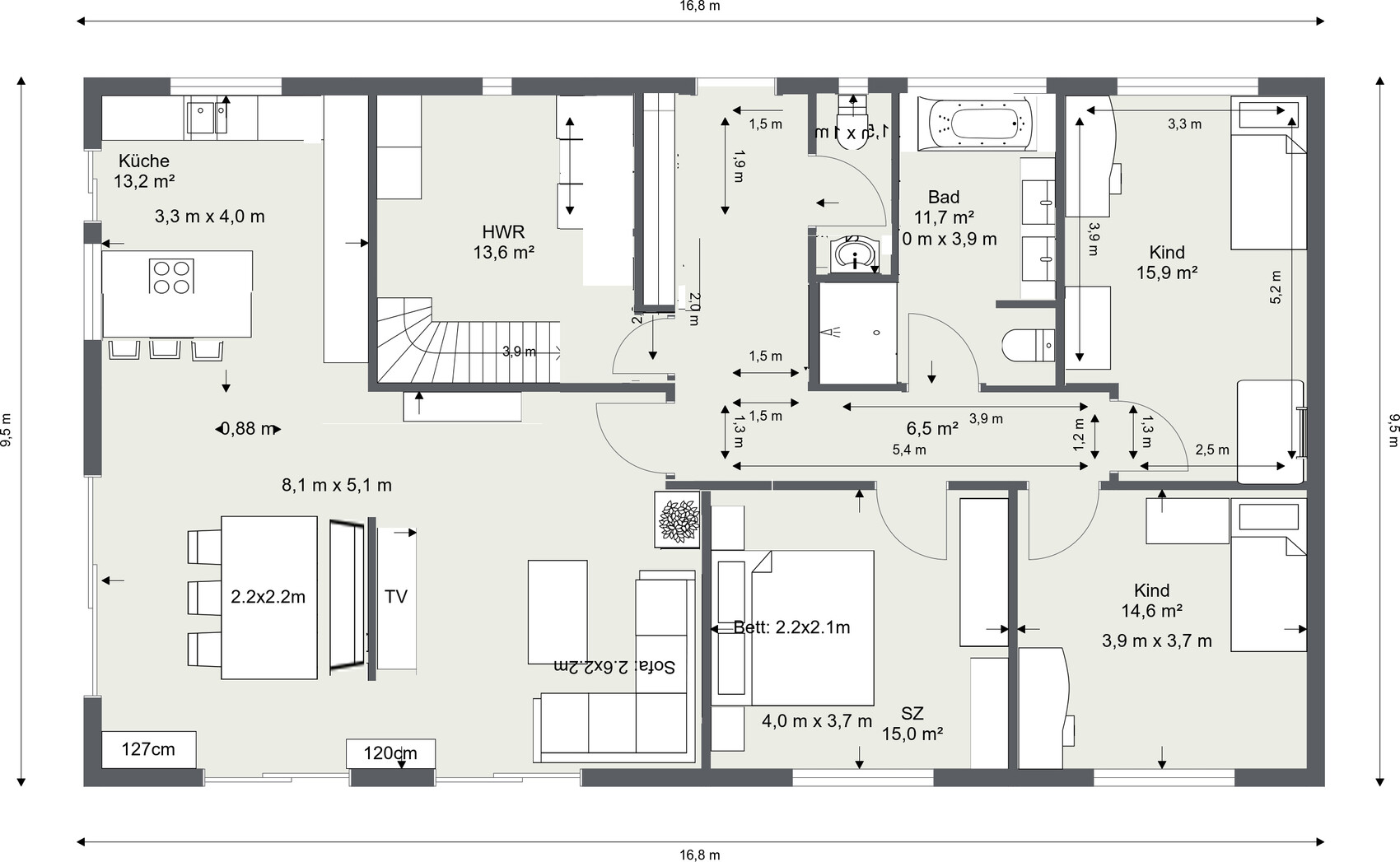 Grundriss eines Hauses mit Küche, Wohn-/Essbereich, Schlafzimmer, 2 Kinderzimmer, Bad, HWR und Flur.