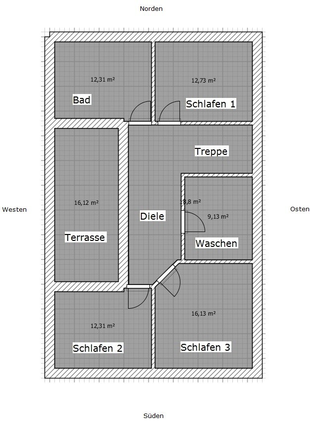 Floor plan of a house with bathroom, bedrooms 1-3, terrace, hallway, stairs, laundry.