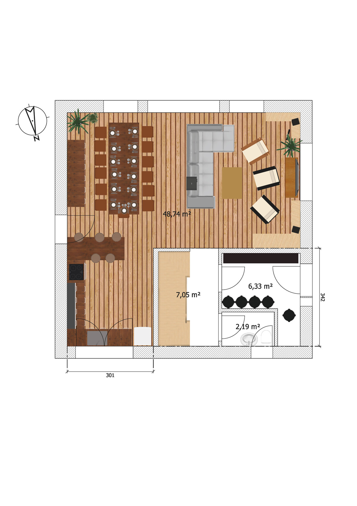 Grundriss einer Wohnung: Grosses Wohnzimmer mit Sofa, Esstisch links, Küche unten links, Bad rechts