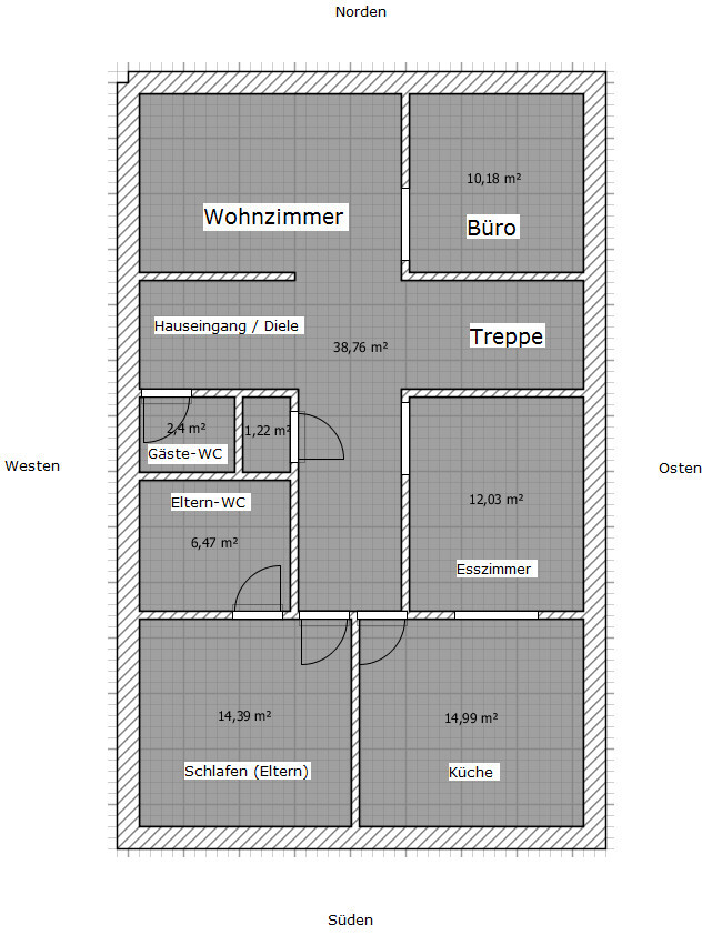 Floor plan of a house with living room, office, stairs, dining room, kitchen, master bedroom, and WC.