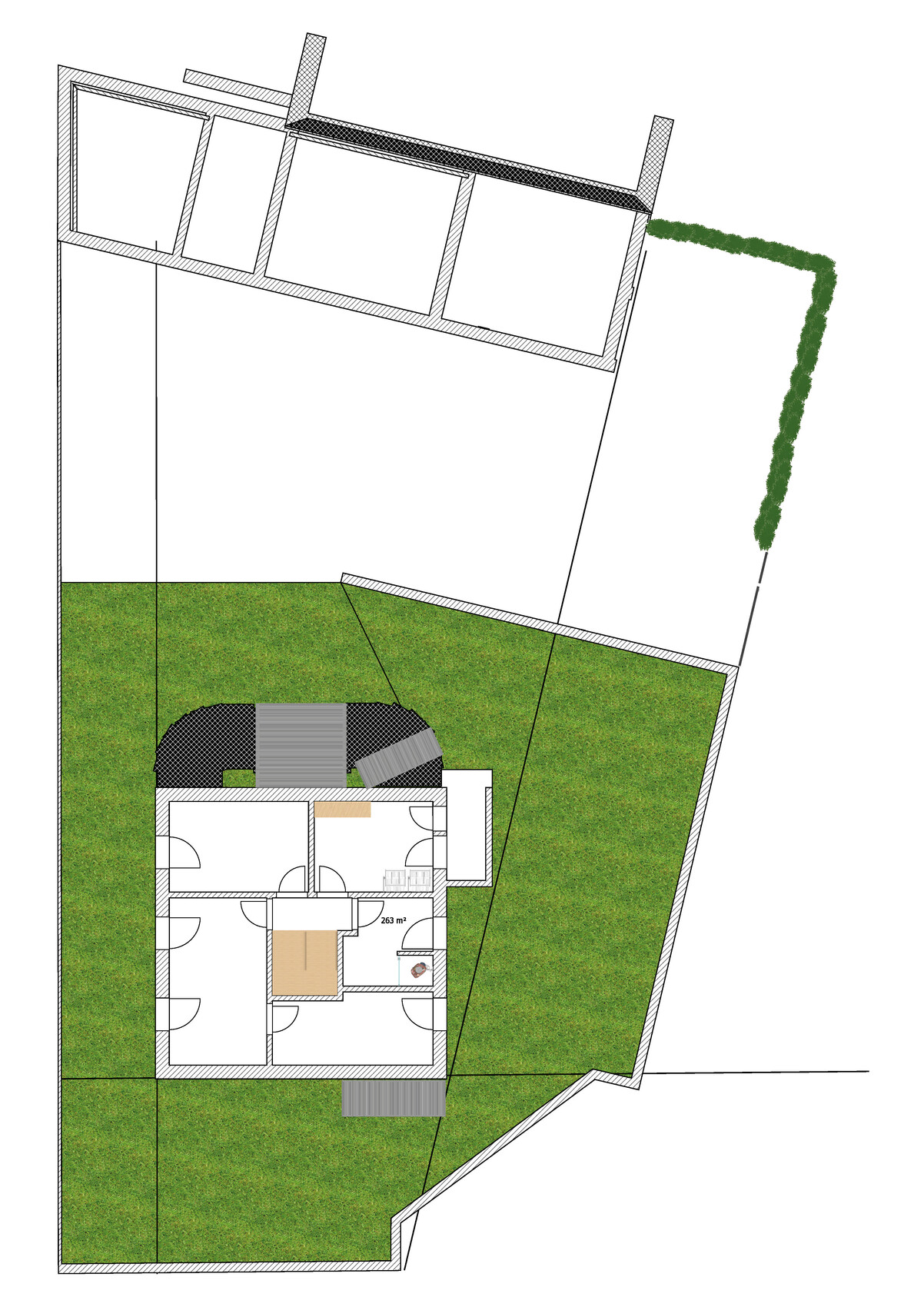 Floor plan of a house with multiple rooms, surrounded by green garden and paths.