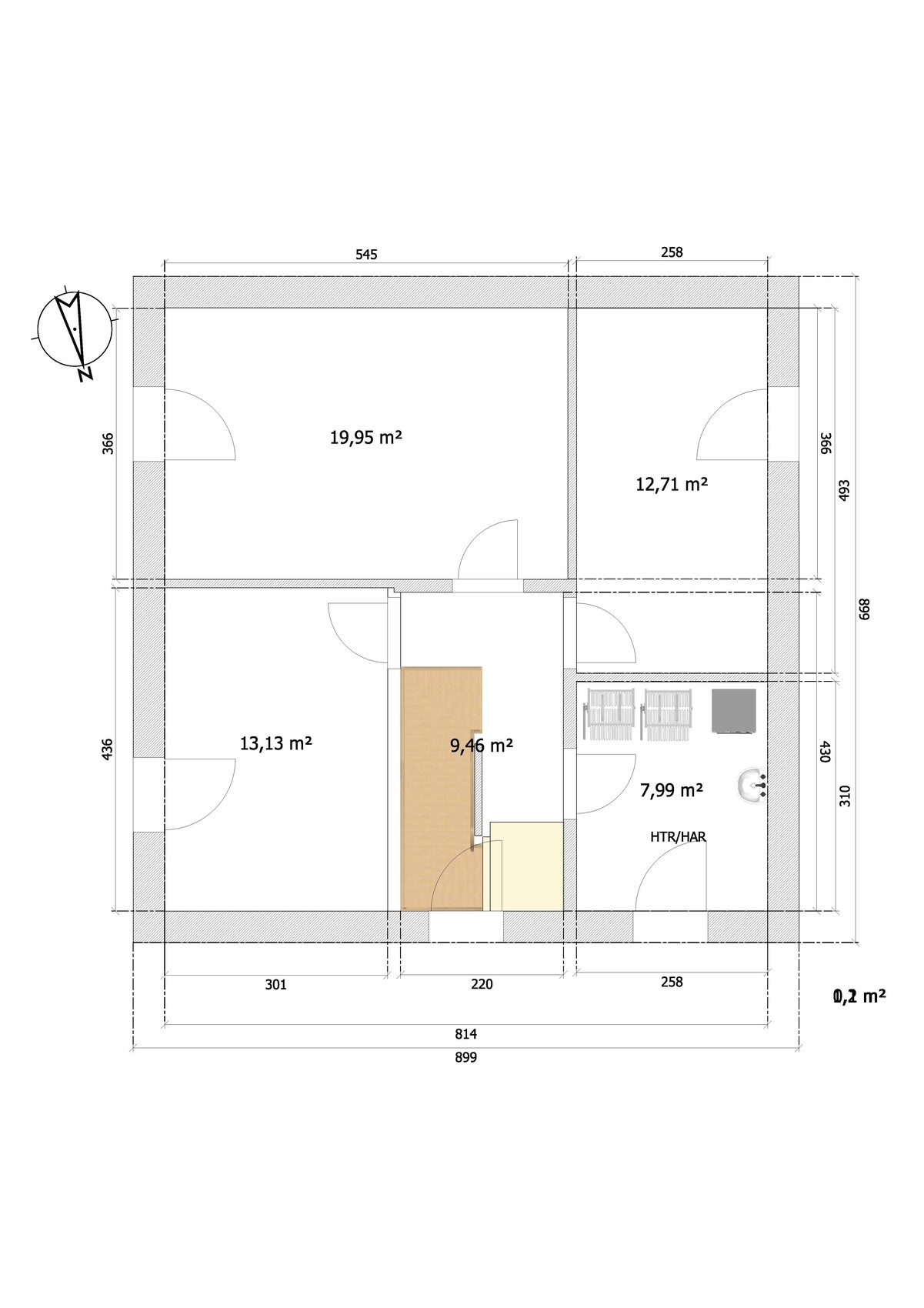 Floor plan of an apartment with five rooms (19.95; 13.13; 12.71; 9.46; 7.99 m²), doors, north arrow.