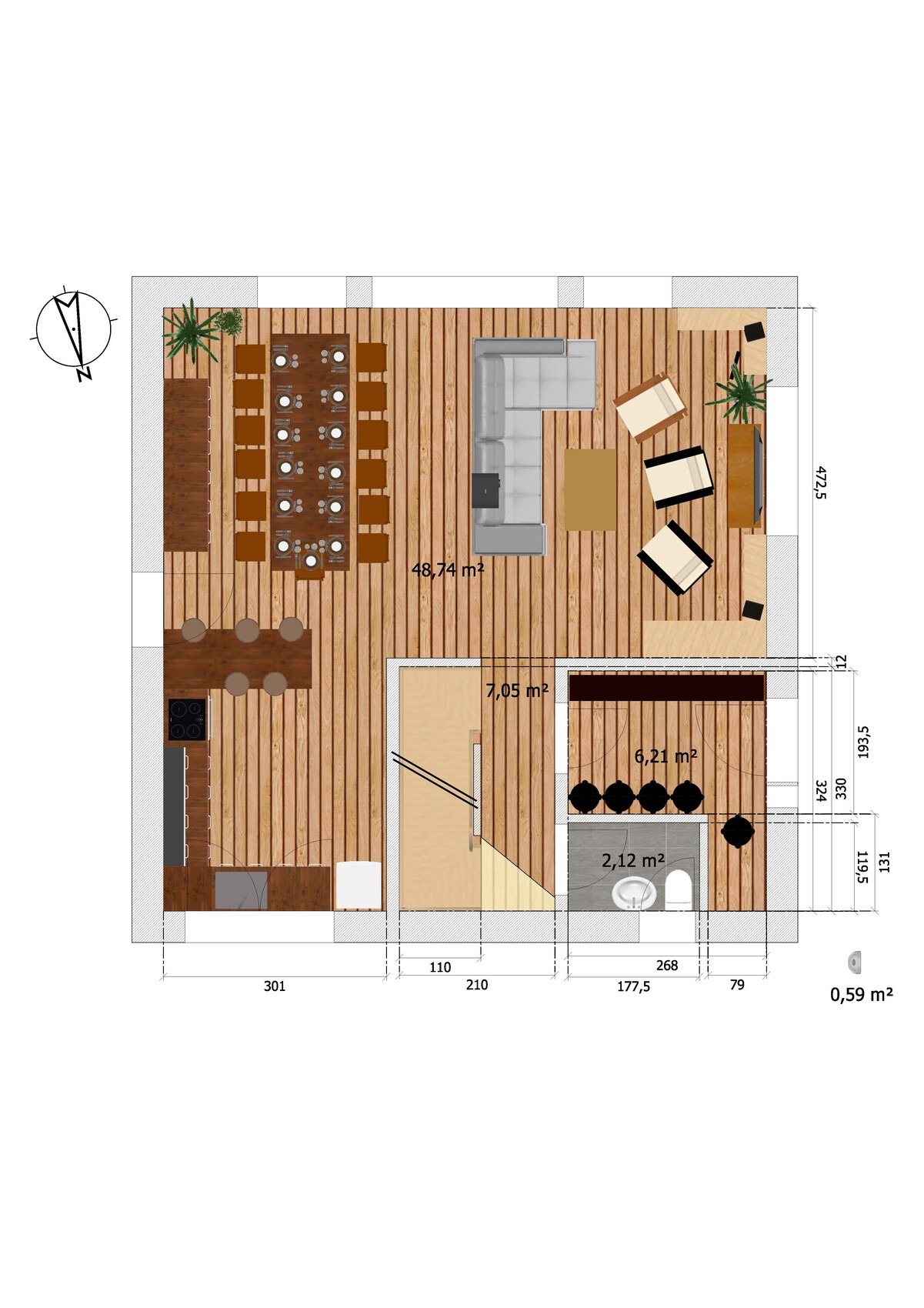 Open floor plan: kitchen on the left, long dining table, living room with sofa on the right, bar area right.