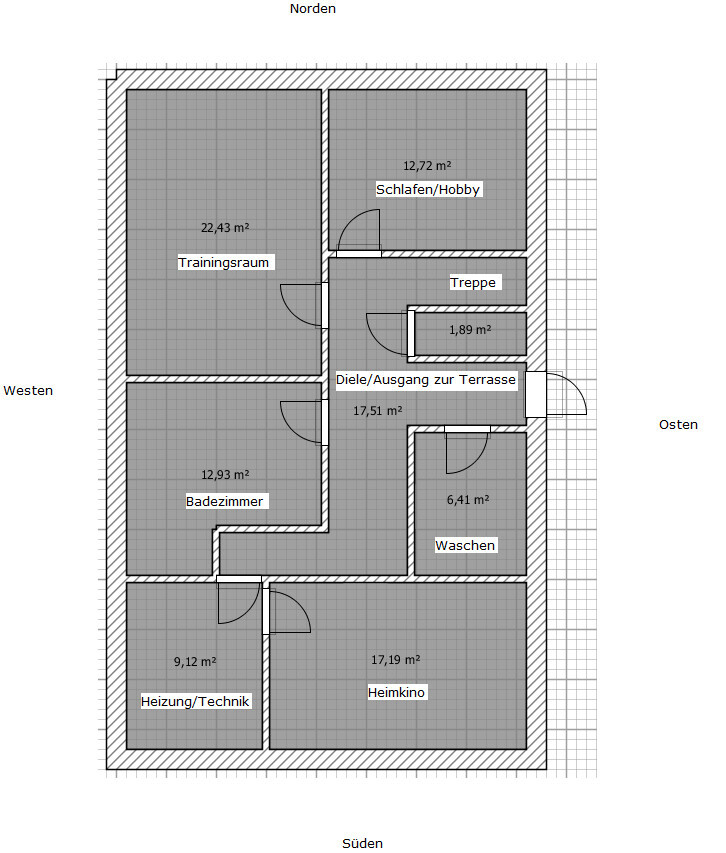 Floor plan of a house with training room, bedroom/hobby room, home cinema, bathroom, laundry, heating.