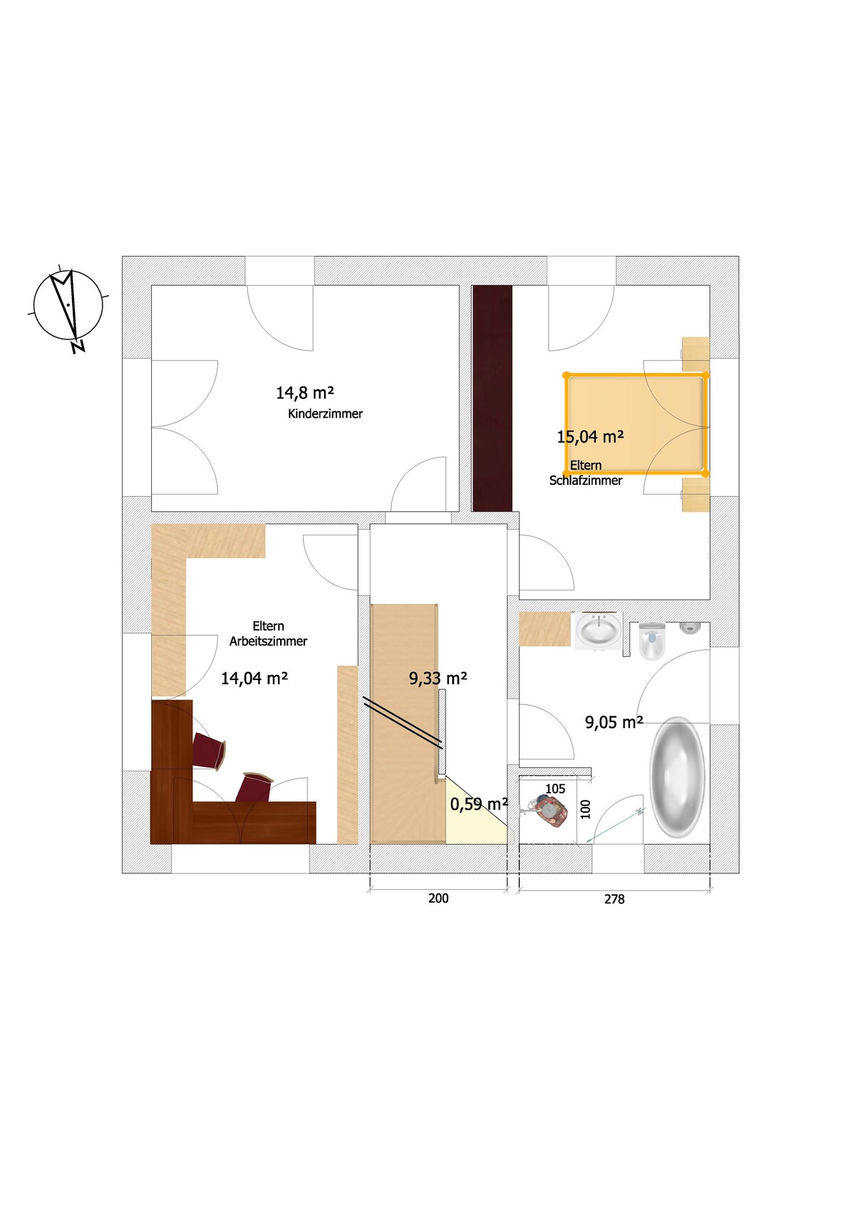 Floor plan of a residential building: children’s room, master bedroom, study, bathroom, and hallway.