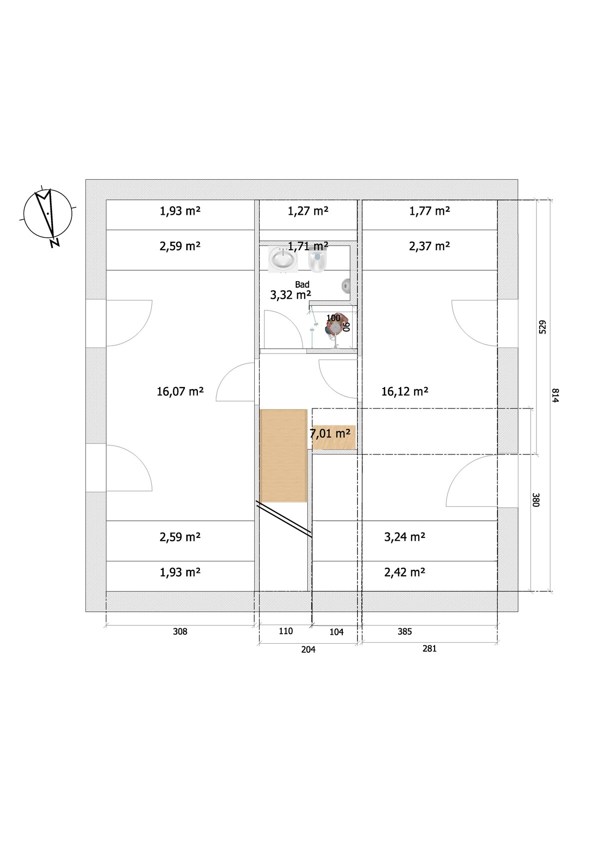 Floor plan of an apartment: two large rooms, bathroom, stairwell area, central niche.