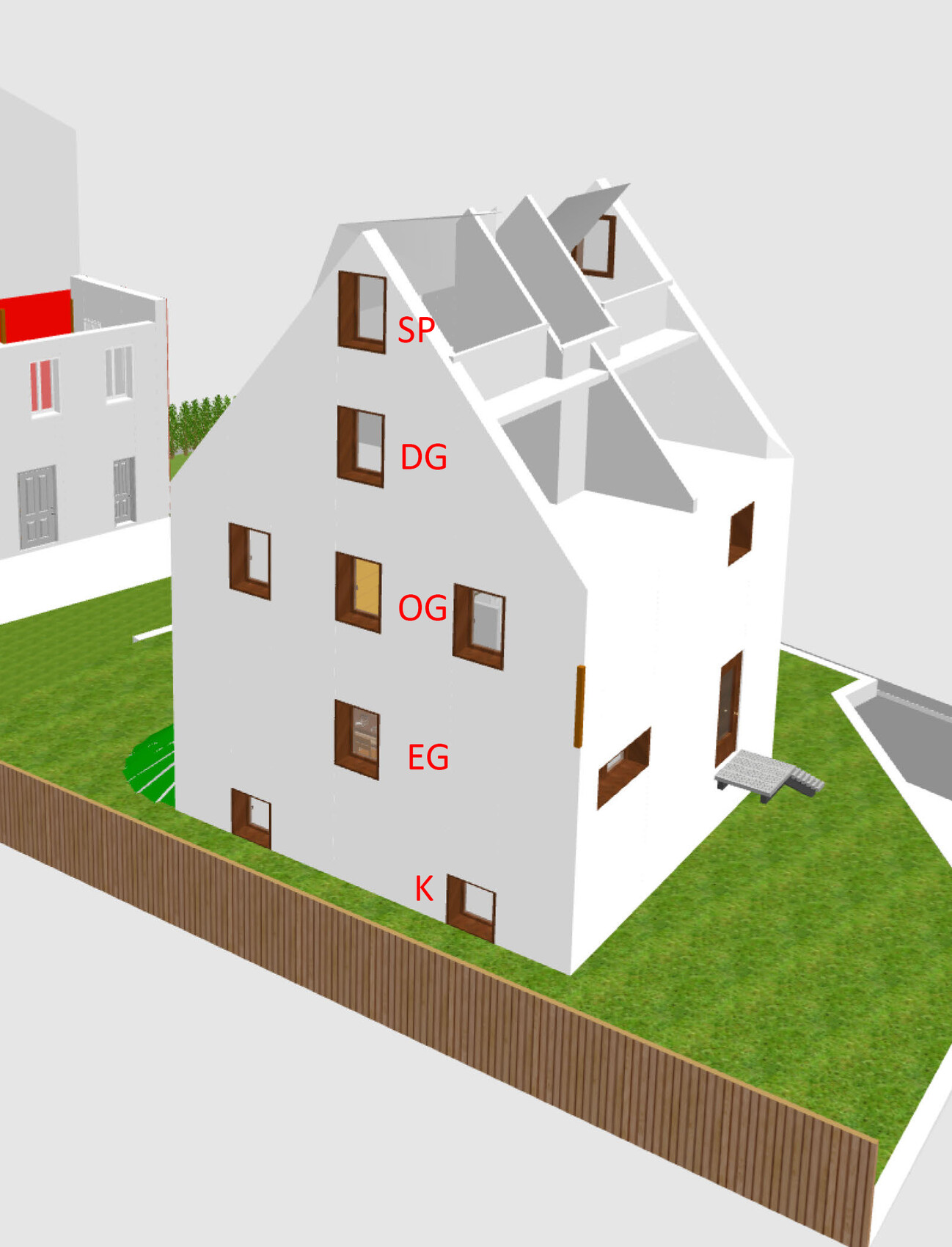 3D house model with floors marked in red: basement, ground floor, first floor, attic, storage room.